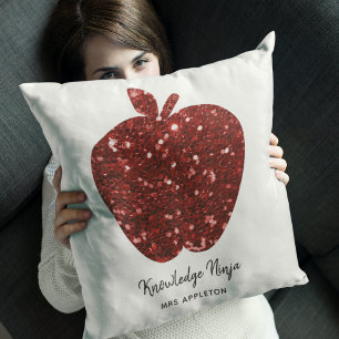 Personalised Teacher Name Red Apple Faux Glitter Cushion