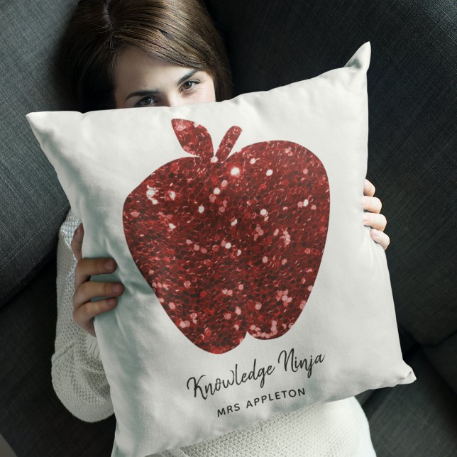 Personalised Teacher Name Red Apple Faux Glitter Cushion (Creator Uploaded)