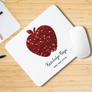 Personalised Teacher Name Red Apple Faux Glitter  Mouse Pad