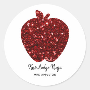 Personalised Teacher Name Sparkly Red Apple Classic Round Sticker