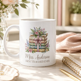 Personalised Teacher Name Stacked Books Watercolor Coffee Mug