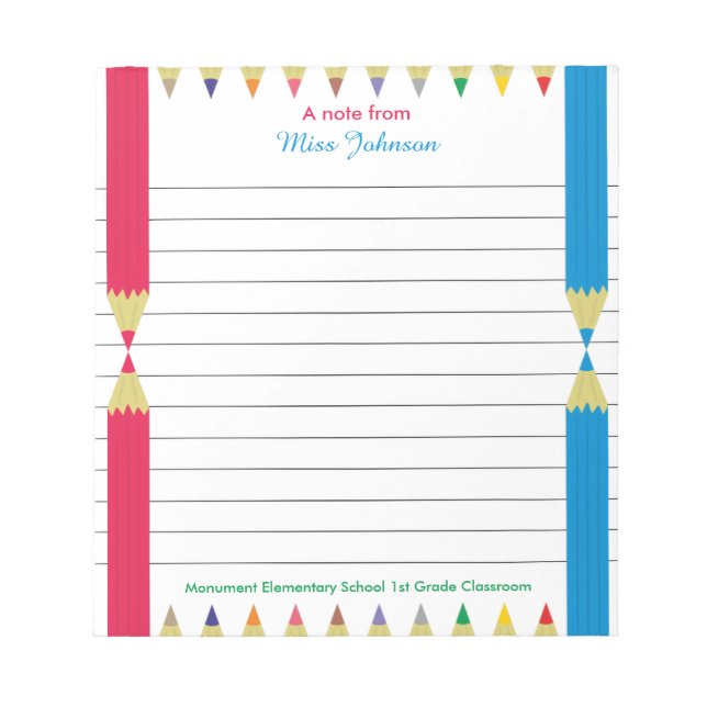 Personalised Teacher Notepad Colourful Pencils (Front)