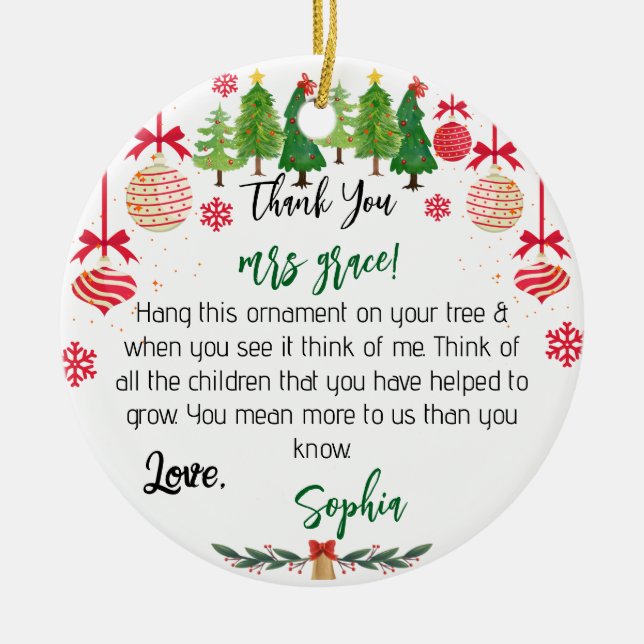 Personalised Teacher Ornament, Custom Christmas Ce Ceramic Ornament (Front)