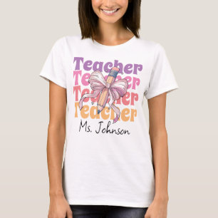Personalised Teacher Pencil Coquette Bow  T-Shirt