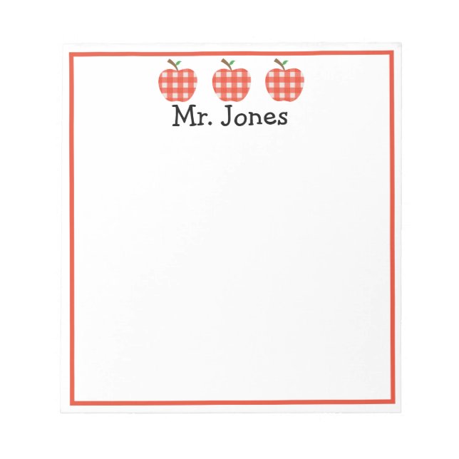 Personalised Teacher Red Apple Gingham Plaid Notep Notepad (Front)