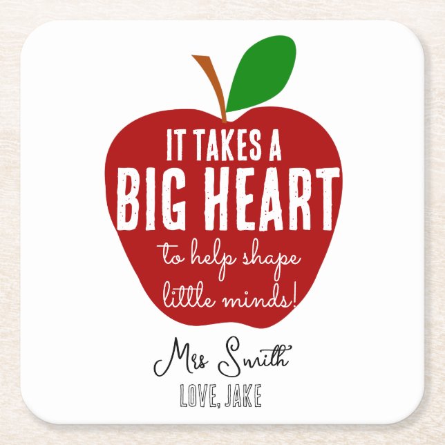 Personalised Teacher Thank You Apple big heart Square Paper Coaster (Front)