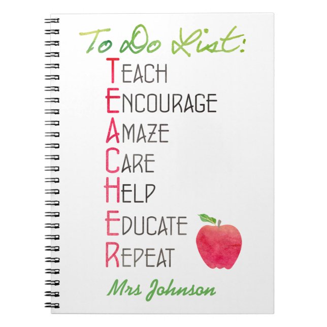 Personalised Teacher To do List Apple Typography Notebook (Front)