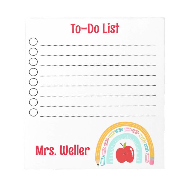Personalised Teacher To-Do List Rainbow Apple Notepad (Front)