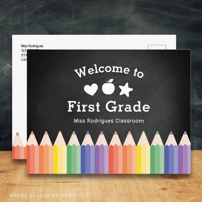 Personalised Teacher Welcome Back to First Grade Postcard (Edit school grade, teacher name and school name. Add your address and message on de back.)