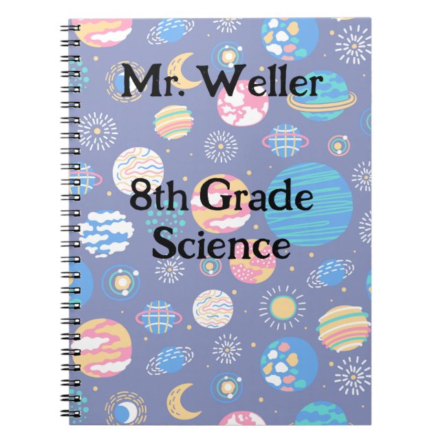 Personalised teacher with planets on navy blue notebook (Front)