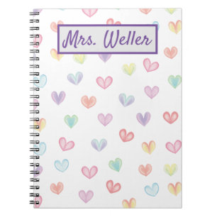 Personalised Teacher with watercolor hearts Notebook