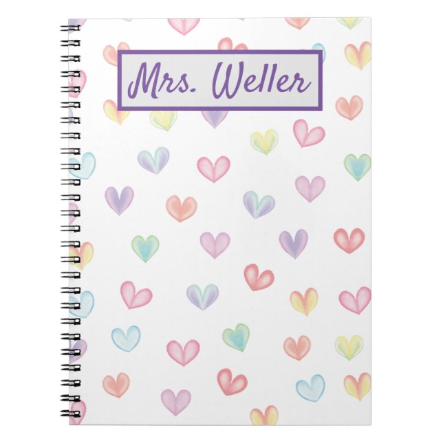 Personalised Teacher with watercolor hearts Notebook (Front)