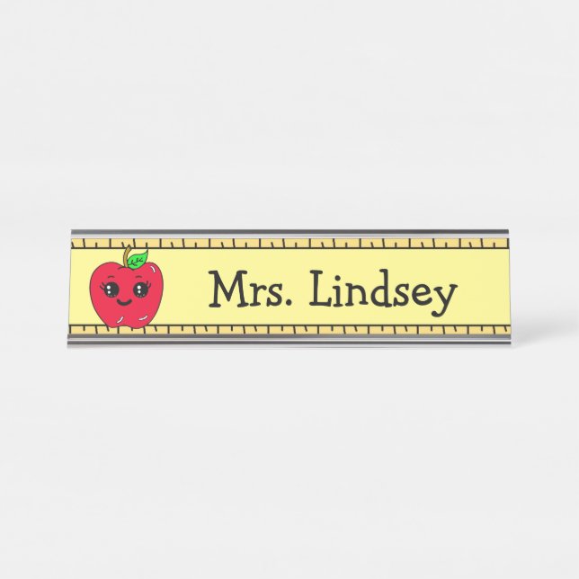 Personalised Teacher's Cartoon Apple and Ruler Desk Name Plate (Front)