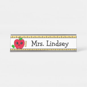 Personalised Teacher's Cartoon Apple and Ruler Desk Name Plate