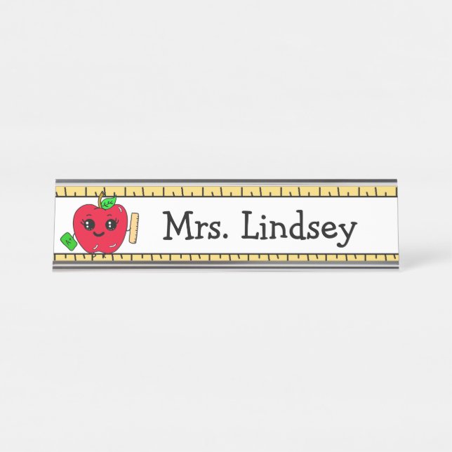 Personalised Teacher's Cartoon Apple and Ruler Desk Name Plate (Front)