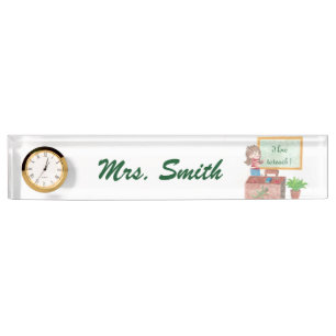Personalised teacher's desk nameplate with a clock