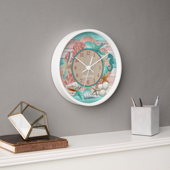 Personalised Teal and Coral Seashell and Beach  Clock (Office)