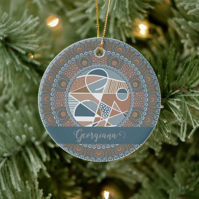 Personalised Teal and Gold Abstract Accent Mandala Ceramic Ornament (Tree)