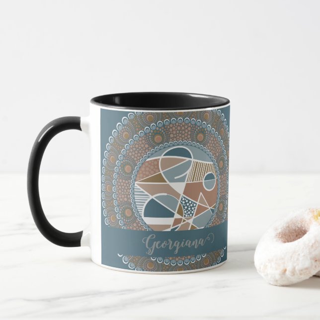 Personalised Teal and Gold Abstract Accent Mandala Mug (With Donut)