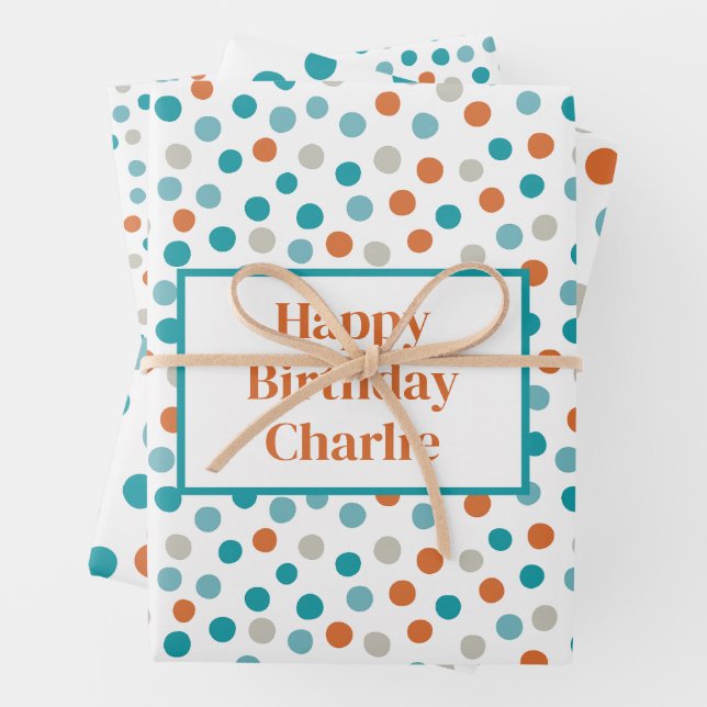 Personalised Teal and Orange Fun Polka Dots Wrapping Paper Sheet (In situ)