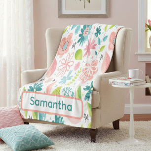 Personalised Teal and Pink Floral Fleece Blanket