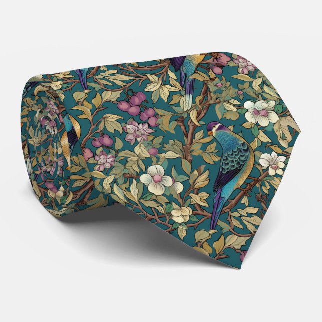 Personalised Teal and Purple Floral Love Birds Tie (Rolled)