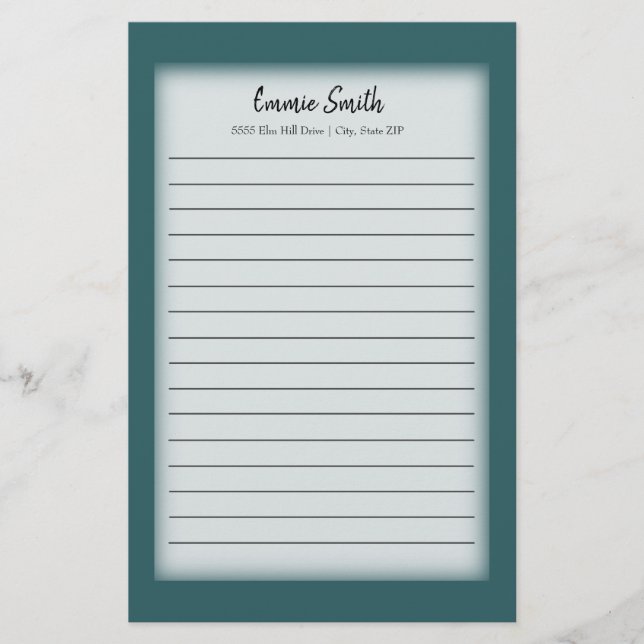 Personalised Teal and White Lined Stationery (Front)