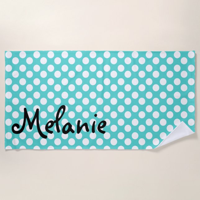 Personalised Teal and White Polka Dot Beach Towel (Front)