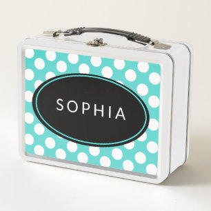 Personalised Teal and White Polka Dot Lunchbox