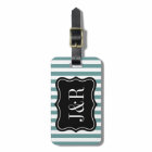 Personalised teal and white striped luggage tag