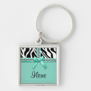 Personalised Teal And White Zebra Stripes And Gems Key Ring