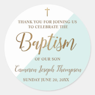Personalised teal Baby boy baptism thank you  Classic Round Sticker