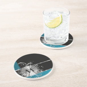 Personalised teal black and silver monogram coaster