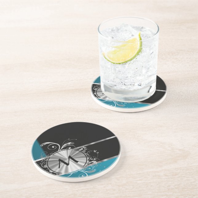 Personalised teal black and silver monogram coaster (Side)