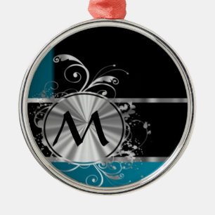 Personalised teal black and silver monogram metal tree decoration