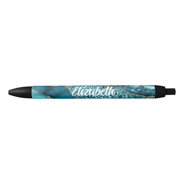 Personalised Teal Blue Agate Black Ink Pen (Front)