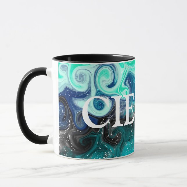Personalised Teal Blue and Black Fluid Art Marble  Mug (Left)