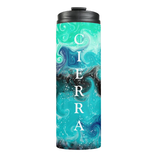 Personalised Teal Blue and Black Fluid Art Marble  Thermal Tumbler (Front)