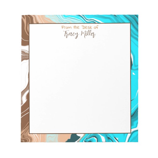 Personalised Teal, Blue and Brown Marble Fluid Art Notepad (Front)