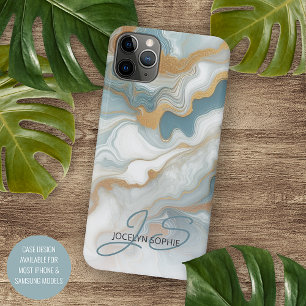 Personalised Teal Blue Gold White Marble Pattern iPhone 11 Pro Max Case