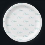 Personalised Teal Blue Green Girly Elegant Name Paper Plate<br><div class="desc">Pretty teal blue green on white girly girl personalised party paper plates.  Perfect for a pastel teal blue green birthday party.</div>