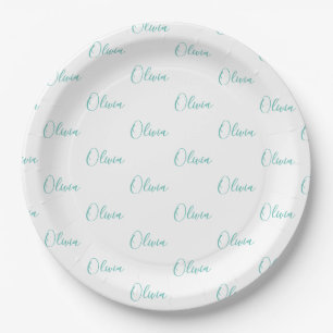 Personalised Teal Blue Green Girly Elegant Name Paper Plate