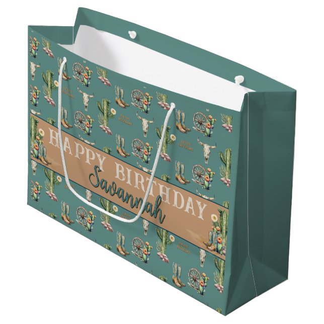 Personalised Teal Blue Happy Birthday Cactus Large Gift Bag (Front Angled)