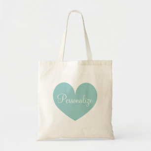 Personalised teal blue love heart shape tote bag
