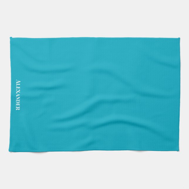 Personalised Teal Blue Plain Solid White Script Tea Towel (Horizontal)