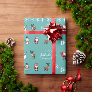 Personalised Teal Christmas Characters Gift Wrapping Paper