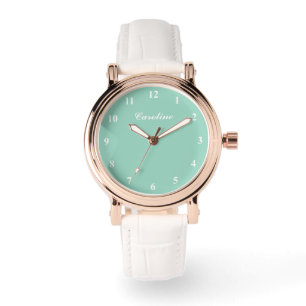 Personalised teal dial white leather women's watch