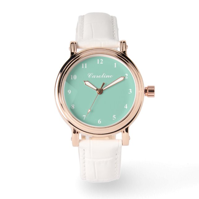 Personalised teal dial white leather women's watch (Front)