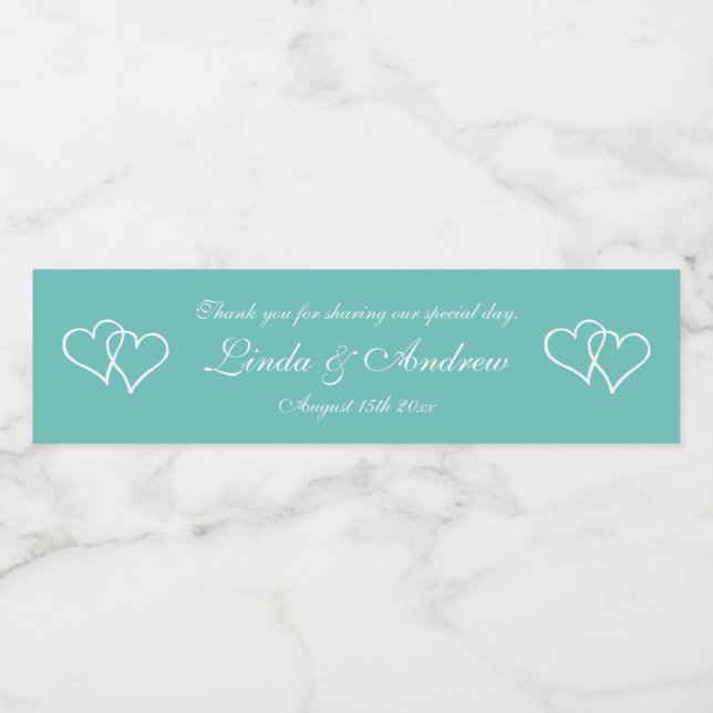 Personalised teal double heart wedding party favou water bottle label (Single Label)