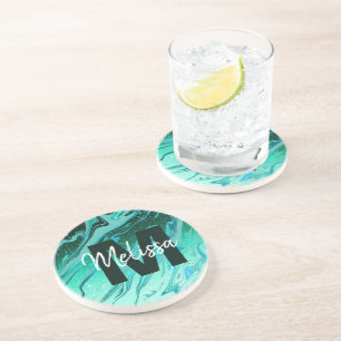 Personalised Teal glitter marble Coaster